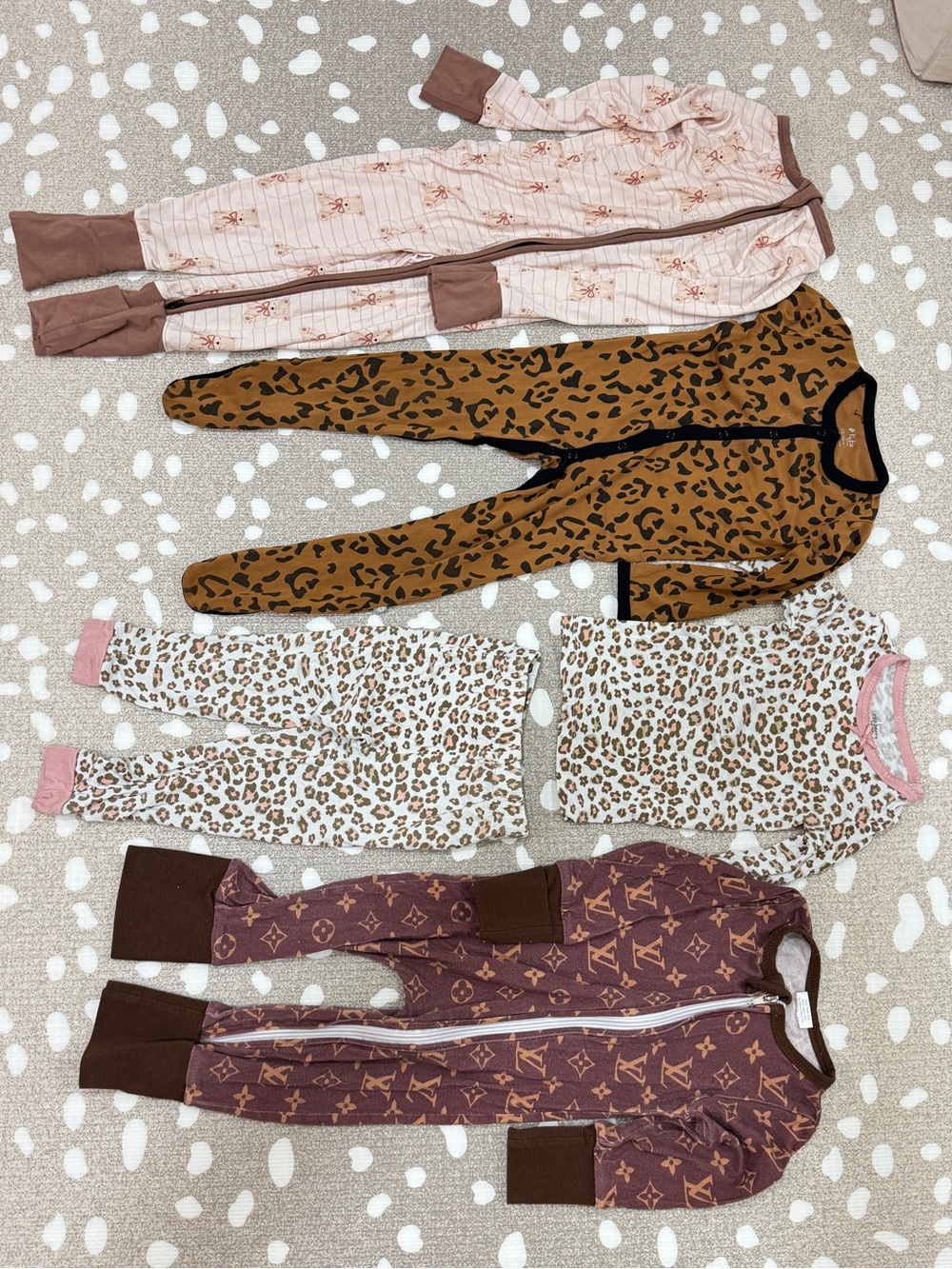 Lot of 4 Bamboo footies teddy bear LV leopard print baby zippy girl beige bundle